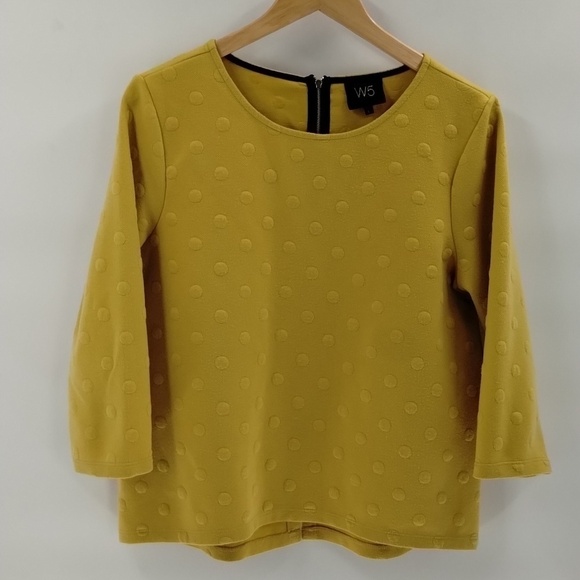 Anthropologie Tops - Anthropologie W5 large yellow blouse  embossed dot zip back elbow sleeve top